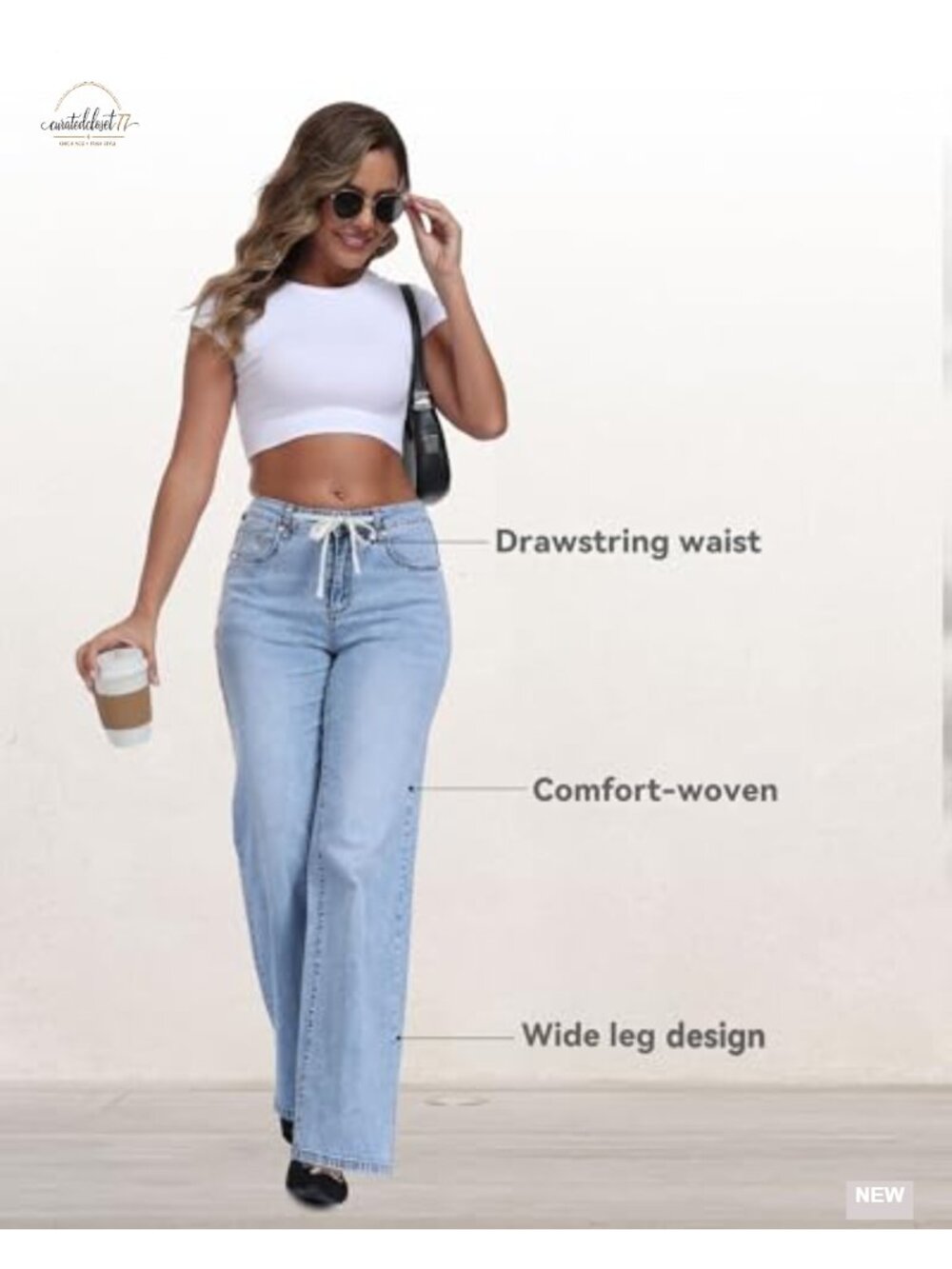 High Waist Wide Leg Drawstring Jeans Baggy Stretchy Denim Pants 5-Pocket Loose - Picture 3 of 5